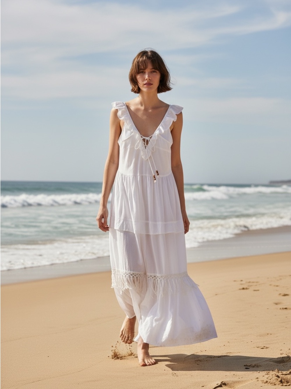 True Destinations White Cotton Boho Maxi Dress L